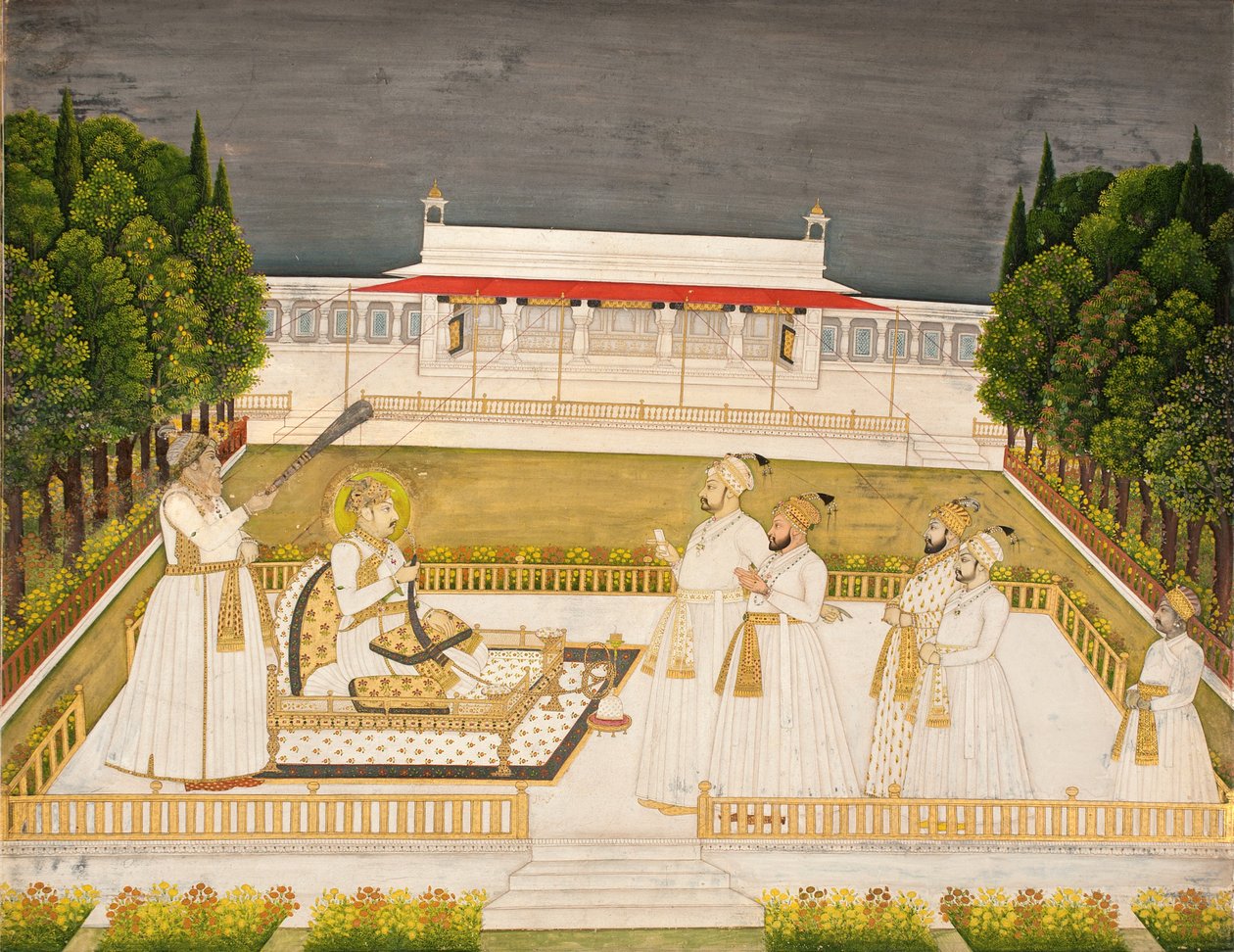 Muhammad Shah trůnící na terase v noci se svými důstojníky, kolem roku 1735 (neprůhledné wc a zlato na papíře) od Jharokha Nidha Mal