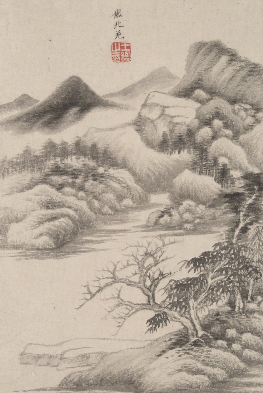 Krajina ve stylu různých starých mistrů: Ve stylu Dong Yuan, 1669 (inkoust a barva na papíře) od Wang Jian