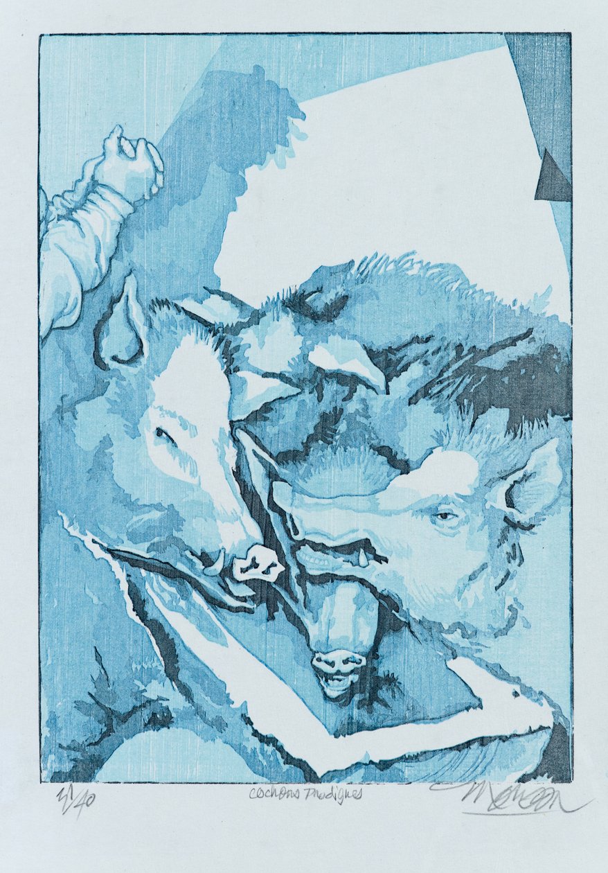 Tuhlaajasiat, 2015 (puupiirros) od Jim Monson