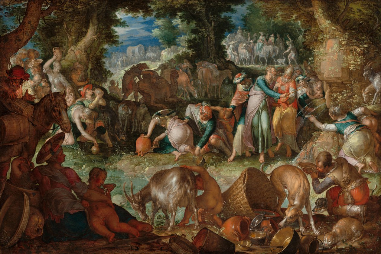 Mojžíš útočící na skálu od Joachim Wtewael or Utewael