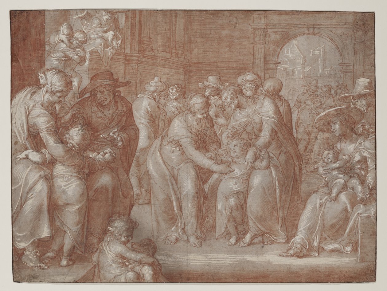 Nechte malé děti přijít ke mně, kolem roku 1621 (červená křída přes černou křídu, na papíře zvýrazněná bílou) od Joachim Wtewael or Utewael