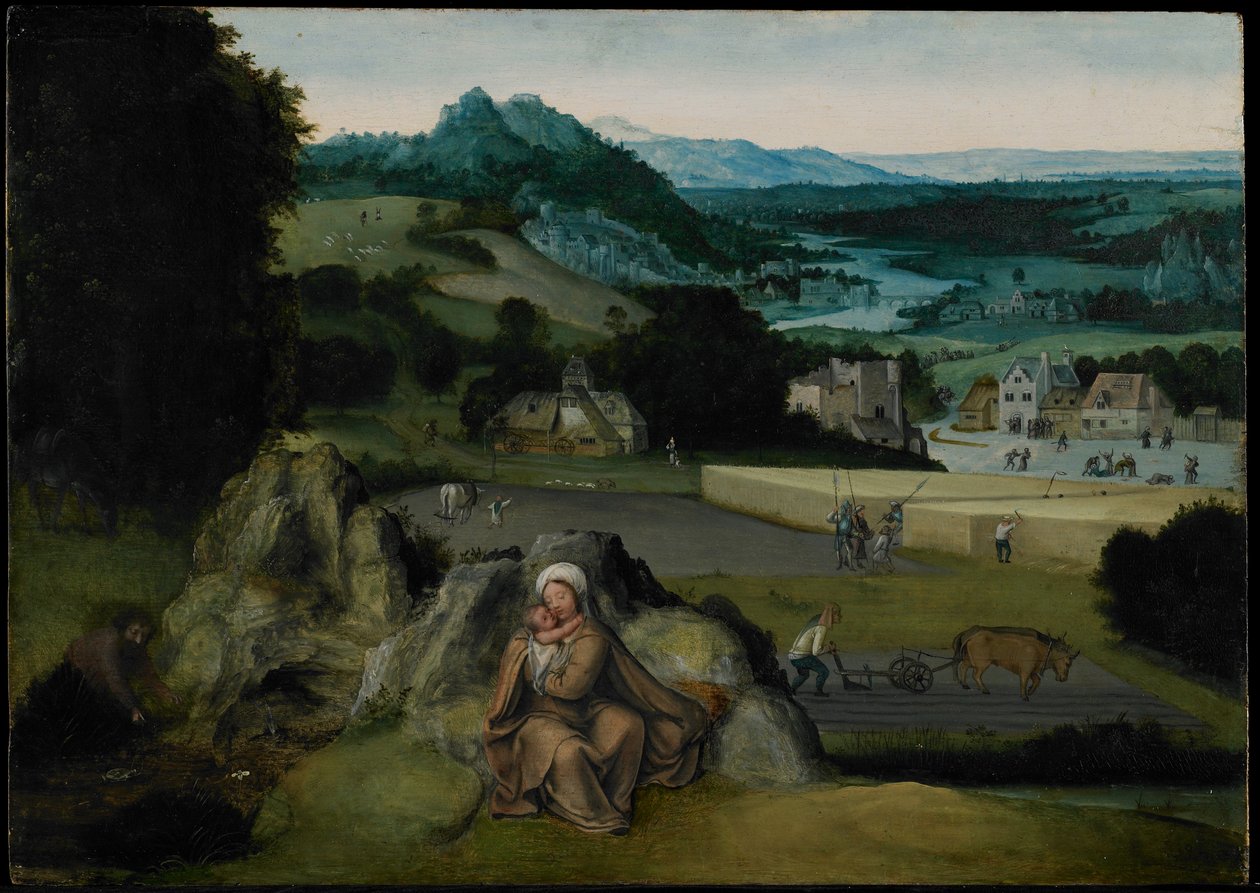 Zbytek na útěku do Egypta (The Miraculous Field of Wheat) c.1518-24 (olej na panelu) od Joachim (workshop of) Patinir