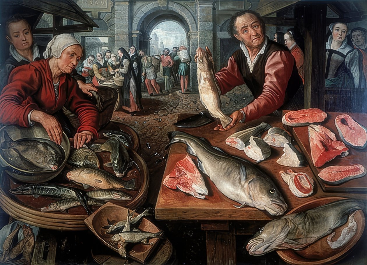 Rybí trh. 1599 od Joachim Beuckelaer