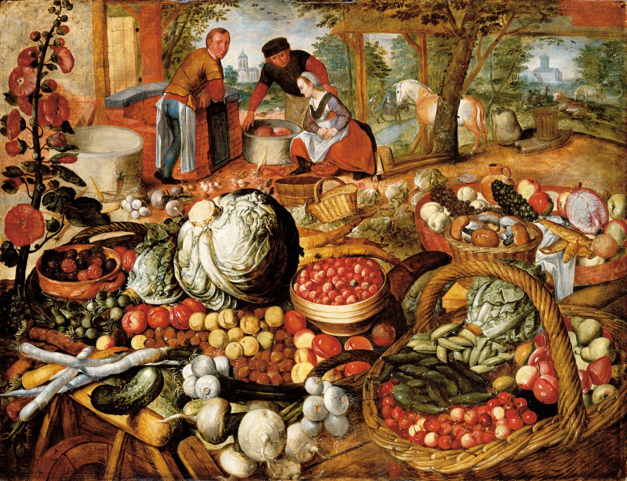 Stánek zelináře s letem do Egypta za ním od Joachim Beuckelaer