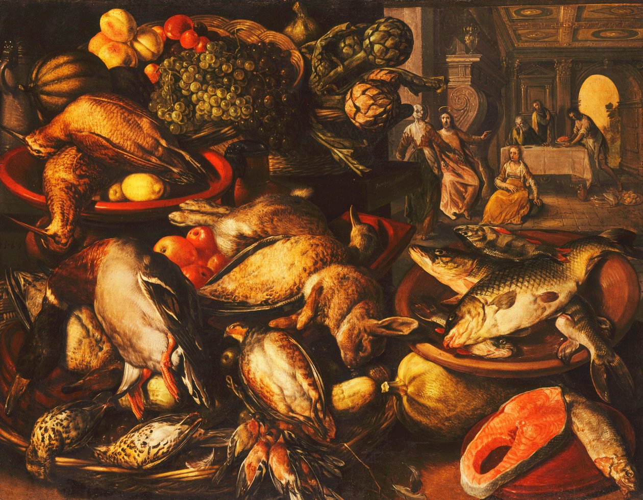 Zvěřina, ryby, ovoce a zelenina v koších a miskách ve spíži, 1569 od Joachim Beuckelaer