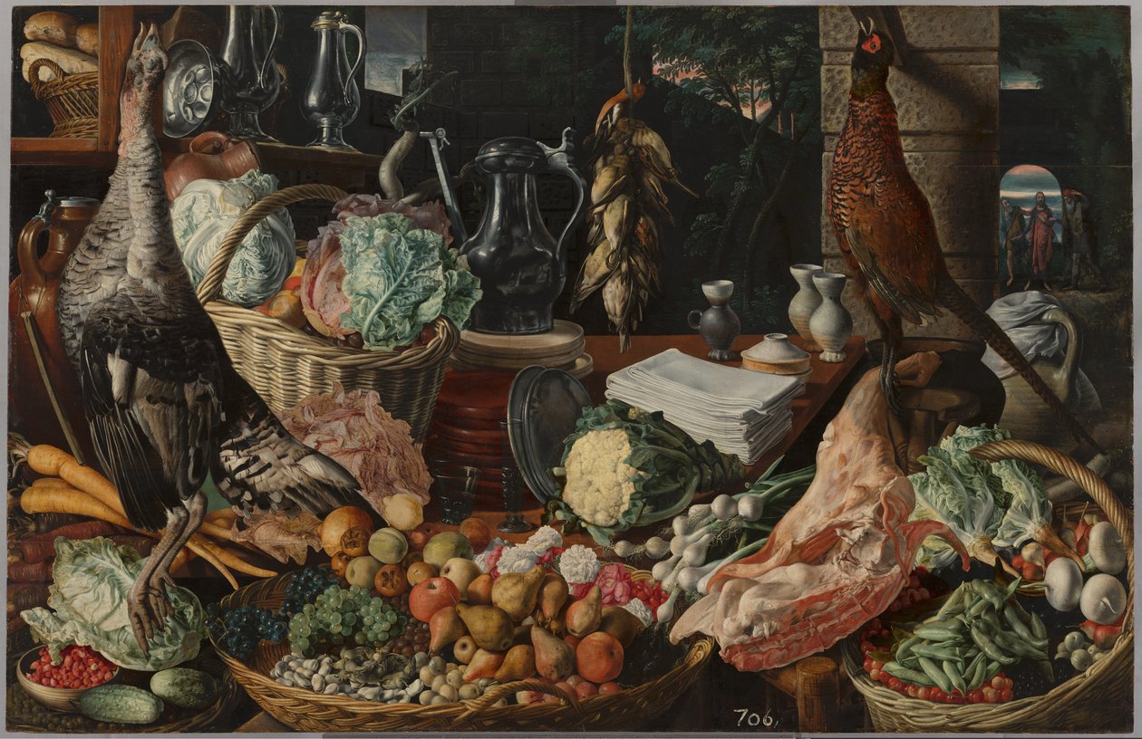 Kuchyňská scéna s Kristem v Emauzích, kolem 1560-1565 od Joachim Beuckelaer
