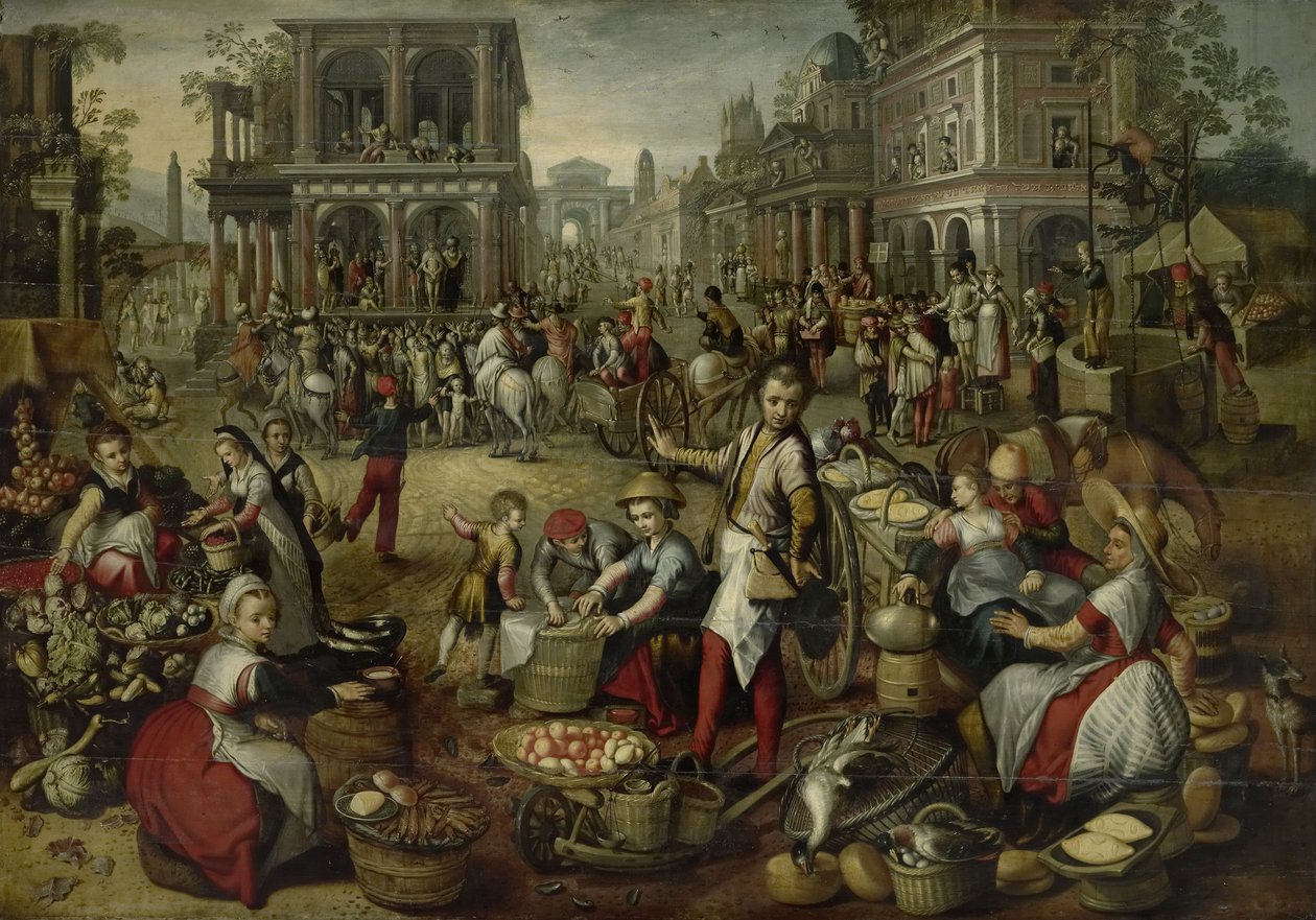 Tržiště s bičováním, Ecce Homo a Nesením kříže v pozadí, 1550-90 od Joachim Beuckelaer