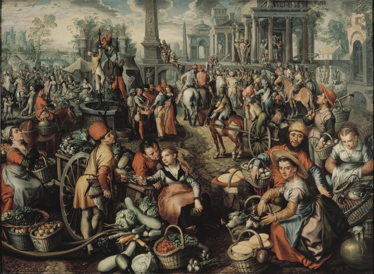 Scene de marche avec Ecce Home, la flagellation et le Christ portant sa Croix - Scéna na trhu s Ecce Homo, bičováním a nesením kříže, Beuckelaer, Joachim (asi 1533-1574). Olej na dřevě od Joachim Beuckelaer