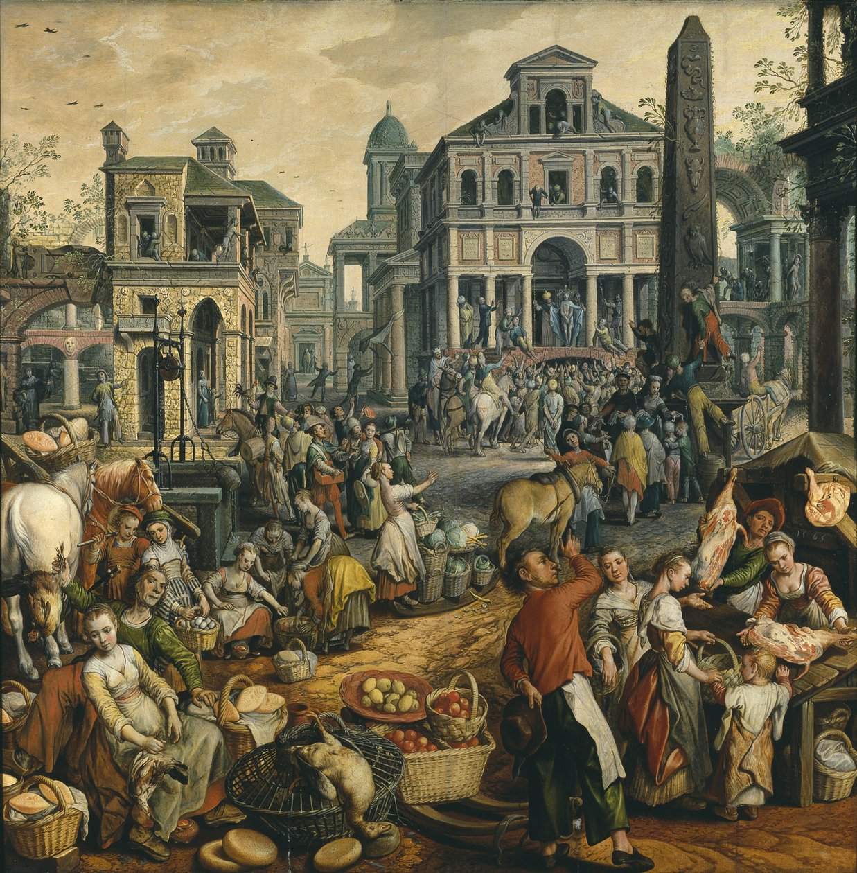 Scene de marche avec Ecce Homo - Trhová scéna s Ecce Homo, od Beuckelaera, Joachima (asi 1533-1574). Olej na dřevě od Joachim Beuckelaer