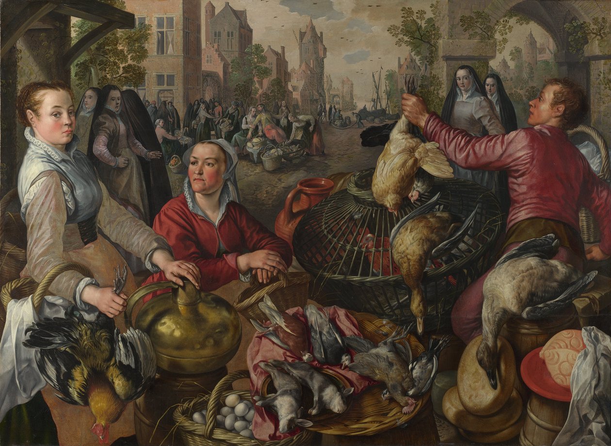 Čtyři živly: Drůbeží stání ve městě s marnotratným synem za ním - Alegorie vzduchu, 1569 od Joachim Beuckelaer