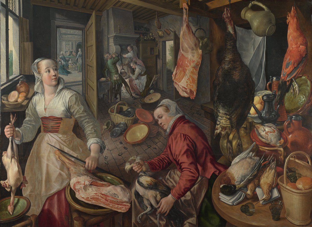 Čtyři živly: Oheň. Kuchyňská scéna s Kristem v domě Marty a Marie v pozadí - Beuckelaer (Beuckelaer), Joachim (1533-1574) - 1569 National Gallery, Londýn od Joachim Beuckelaer