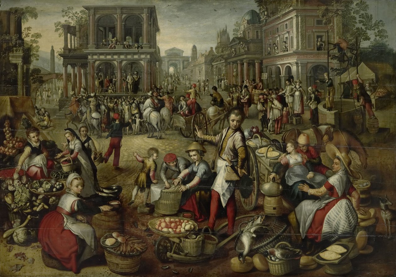 Tržiště s bičováním, Ecce Homo a Nesením kříže v pozadí od Joachim Bueckelaer (copy after)