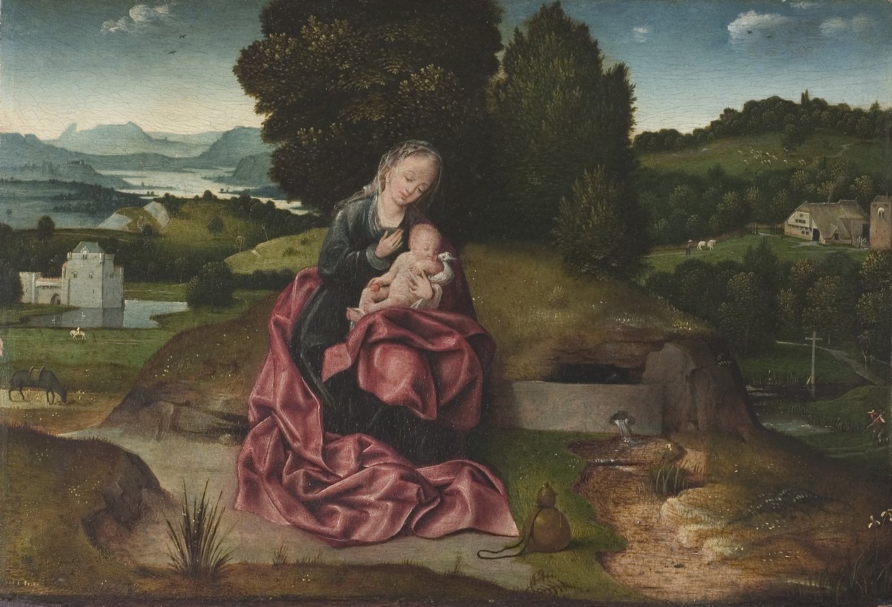 Panna a dítě odpočívající během letu do Egypta od Joachim Patenier