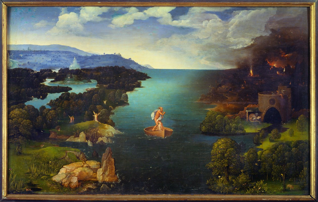 Průchod Styx Charon (Caron) na jeho lodi v podsvětí. Obraz od Joachima Patinira (Skater) (1485-1524) (ek.flam.) Ne 0,64x1,03 m Madrid, musee du Prado od Joachim Patinir