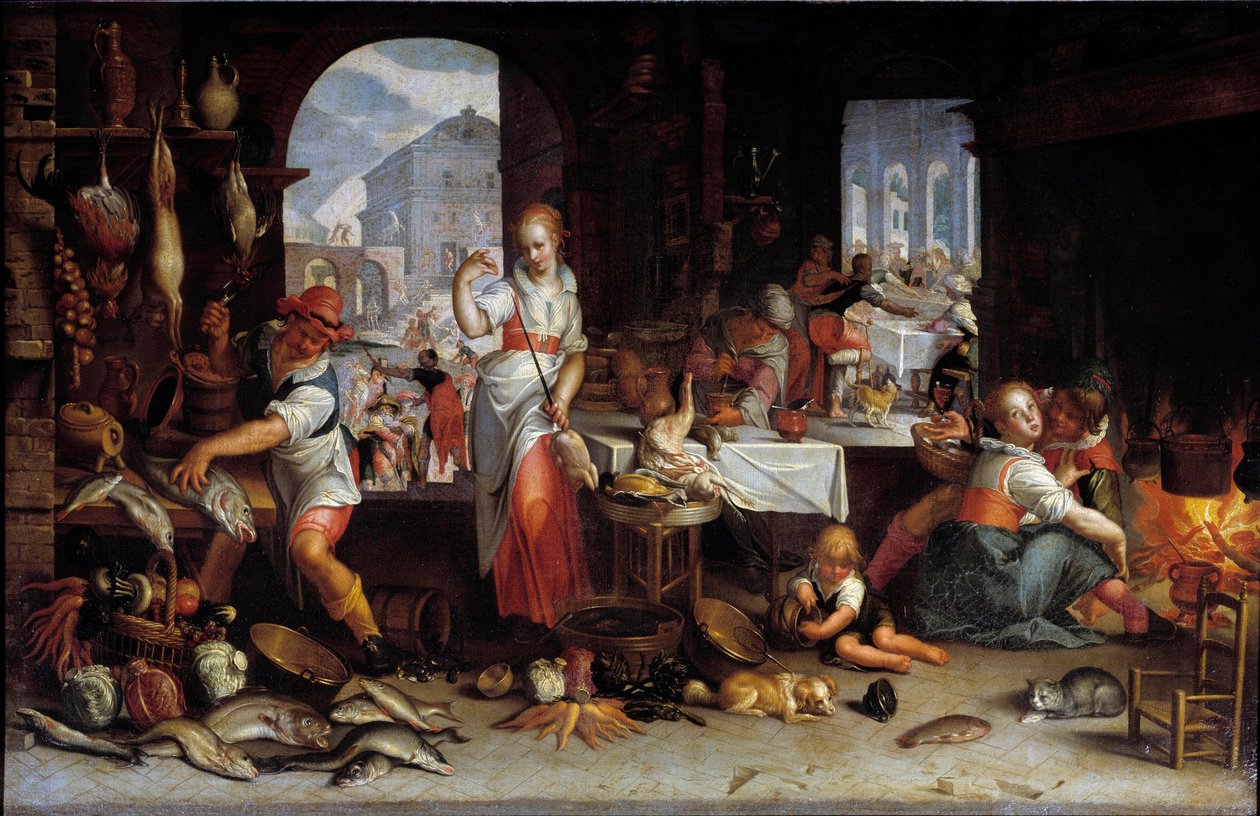 Žena točí kuře v kuchyni plné jídla. Obraz od Joachima Wtewaela (1556-1638) Sun. 0,63 x 1 m od Joachim Wtewael or Utewael