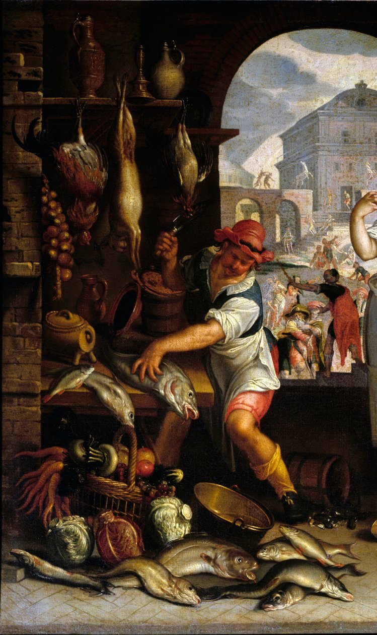 Detail “” Kuchyně scéna s podobenstvím o hostině”” Muž připravuje rybu. Obraz od Joachima Wtewaela (1556-1638) Sun. 0,63x1 m Paříž, Musee du Louvre. od Joachim Wtewael or Utewael