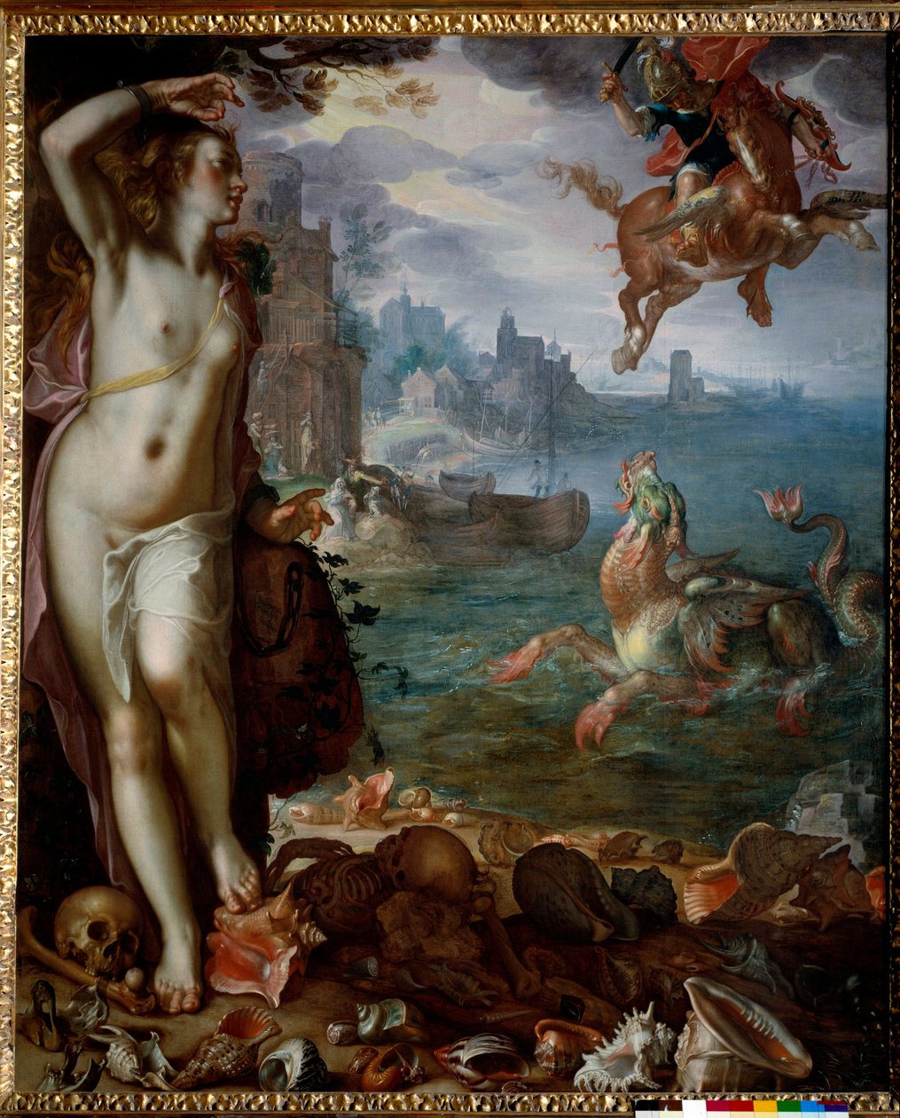 Persee zachraňuje Andromedu připoutanou na skále Hrdinové šplhají na Pegase, bojují s mořskou příšerou. Obraz Joachima Wtewaela (1566-1638) (Ec. Hol.) 1611 Ne. 1,8x1,5m od Joachim Wtewael or Utewael