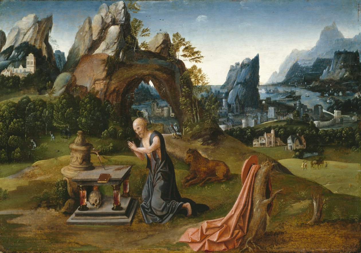 Svatý Jeroným se modlí v krajině, 1525-50 od Joachim follower of Patenier or Patinir
