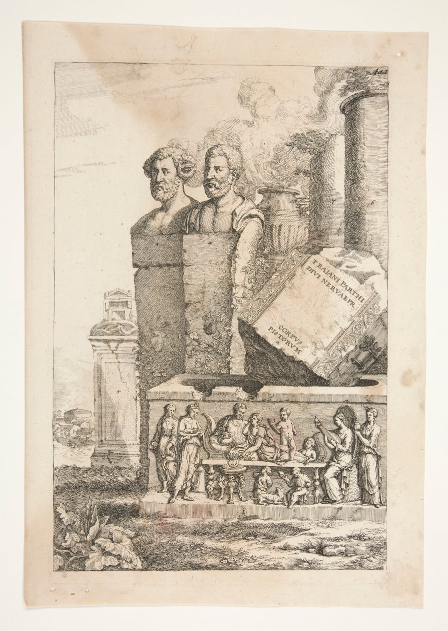 Portrét busty, sloupy, kuřácká urna a reliéf od Joachim von Sandrart