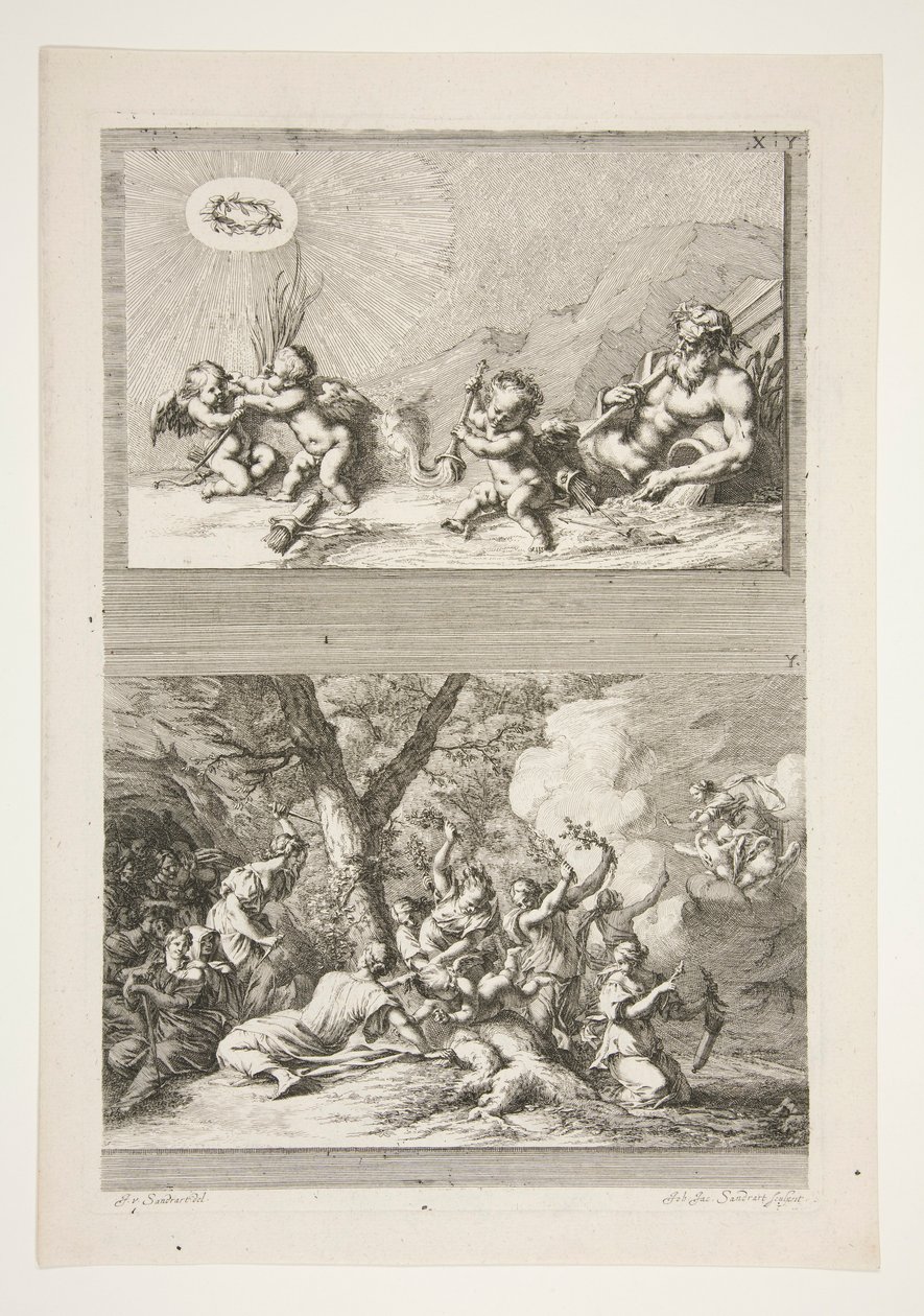 horní polovina: Říční bůh a Putti si hrají se symboly slávy spodní polovina: Trest Amora od Joachim von Sandrart