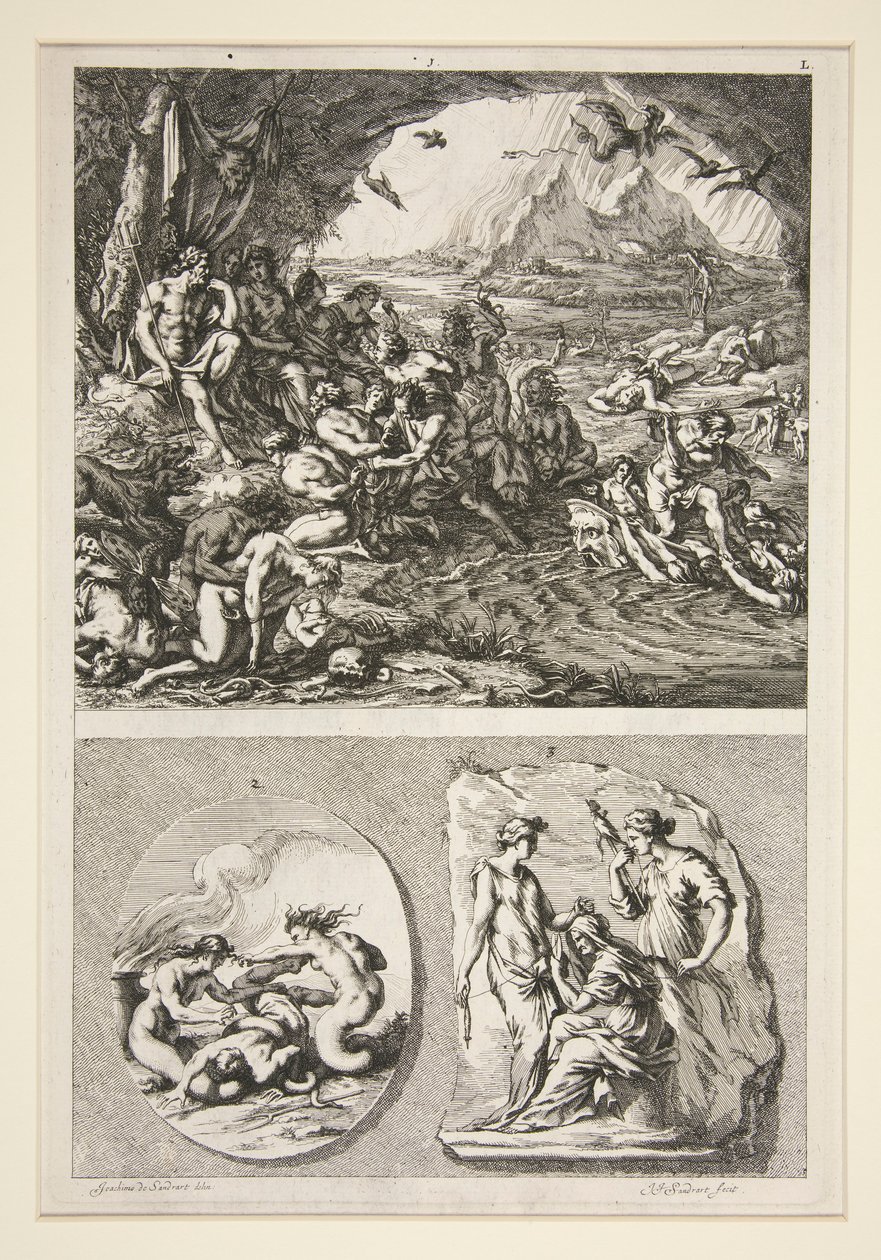 horní polovina: Quos Ego? spodní polovina: Dva starožitné reliéfy: Tři osudy a neznámý předmět od Joachim von Sandrart