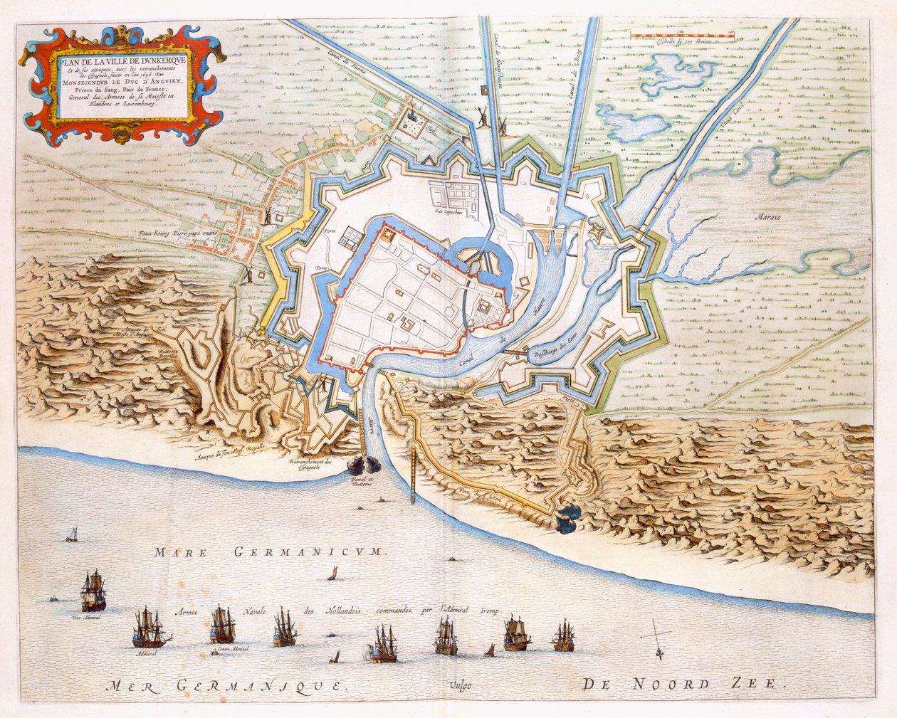 Město Dunkerque během španělské nadvlády: plán znázorňující pobřežní obranu, hrad a bastionové opevnění, 1649 (ručně kolorovaná rytina) od Joan Blaeu