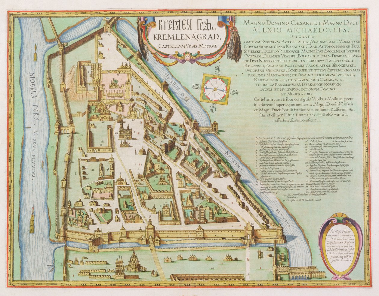 Mapa znázorňující Kreml, Moskva, 1662 (ručně kolorovaný lept) od Joan Blaeu