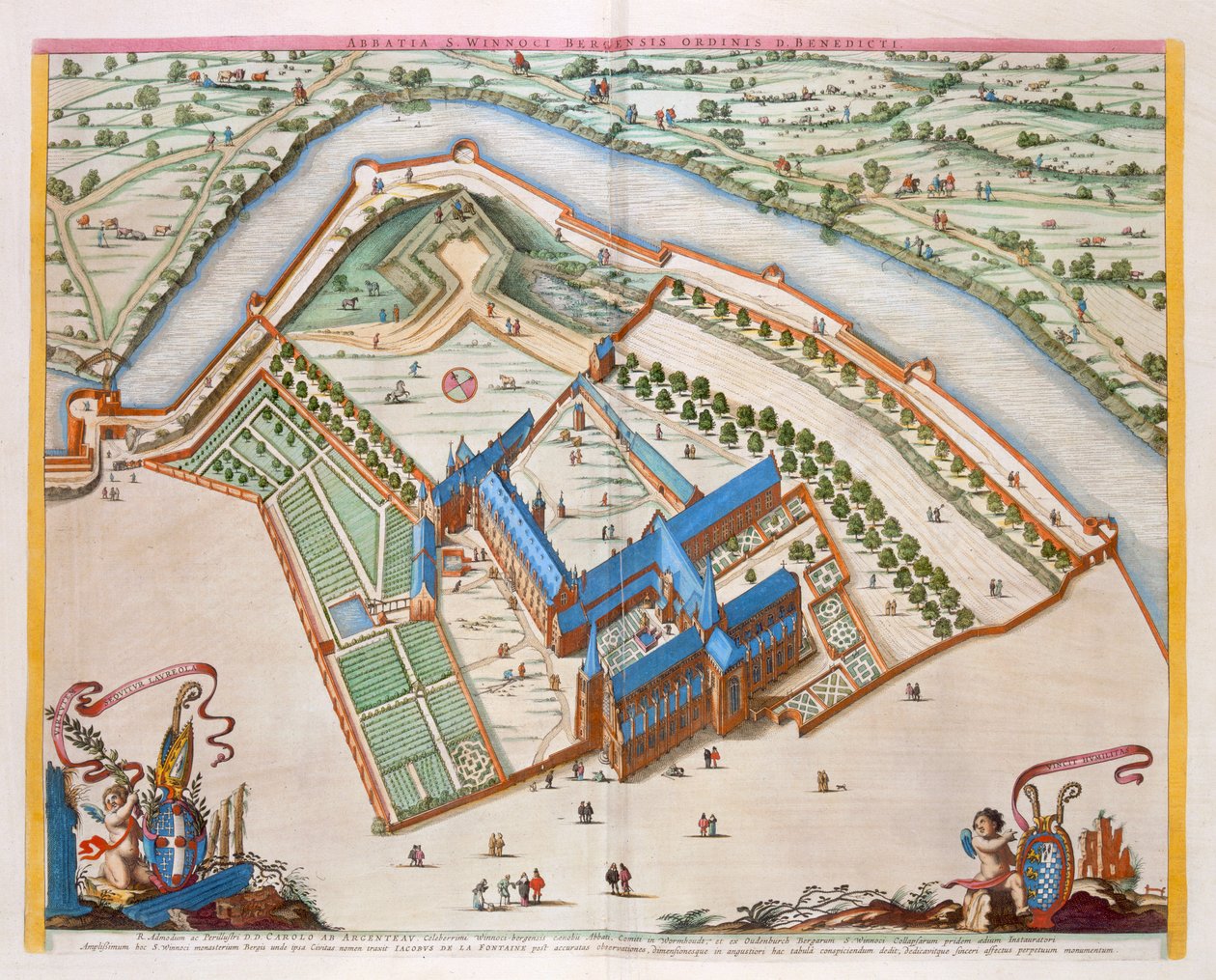 Benediktinské opatství svatého Winnocka, Bergen, Nizozemsko, 1649 (ručně kolorovaná rytina) od Joan Blaeu