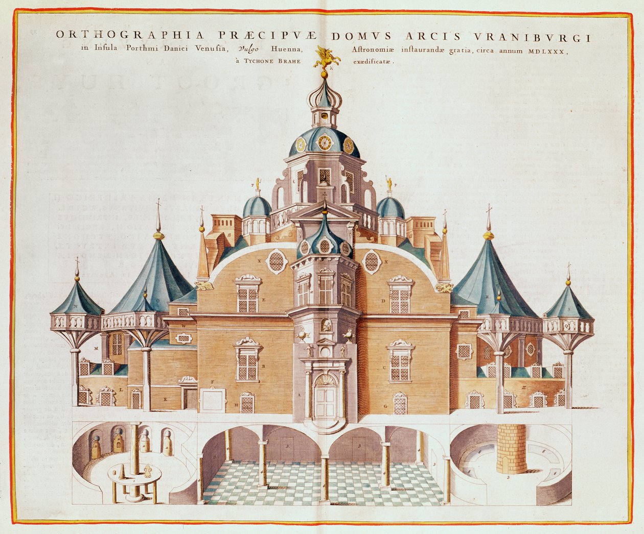 Observatoř Tycha Brahe Uraniborg z „Atlas Major“ Joan Blaeu, 1663 (barevná rytina) od Joan Blaeu
