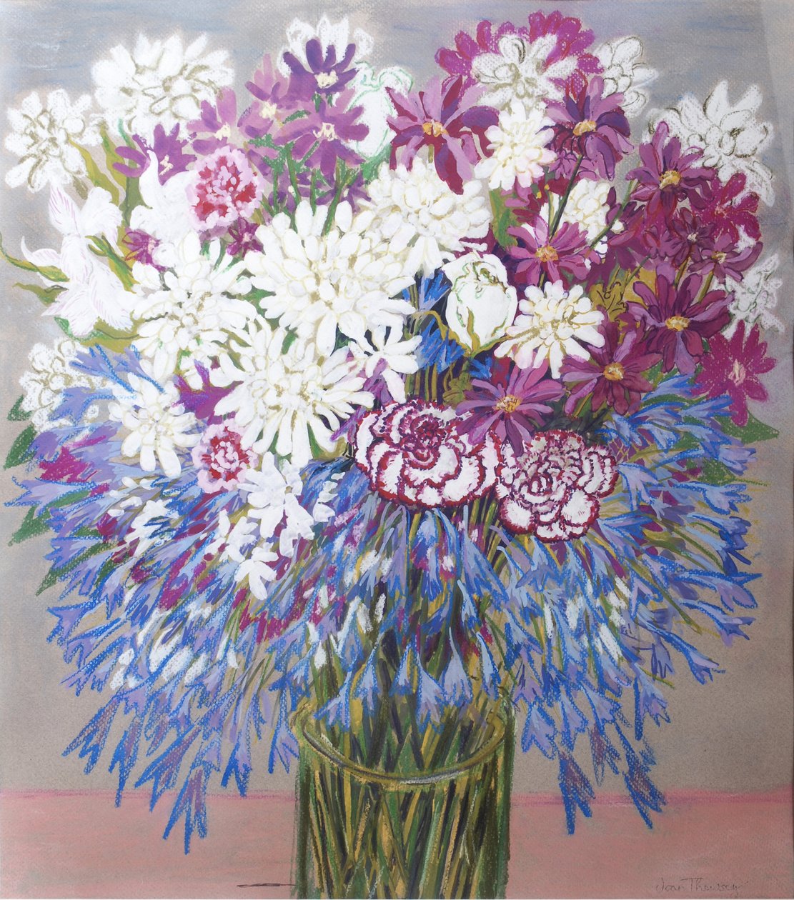 Agapantha, chryzantémy a karafiáty, 2012, kvaš od Joan Thewsey