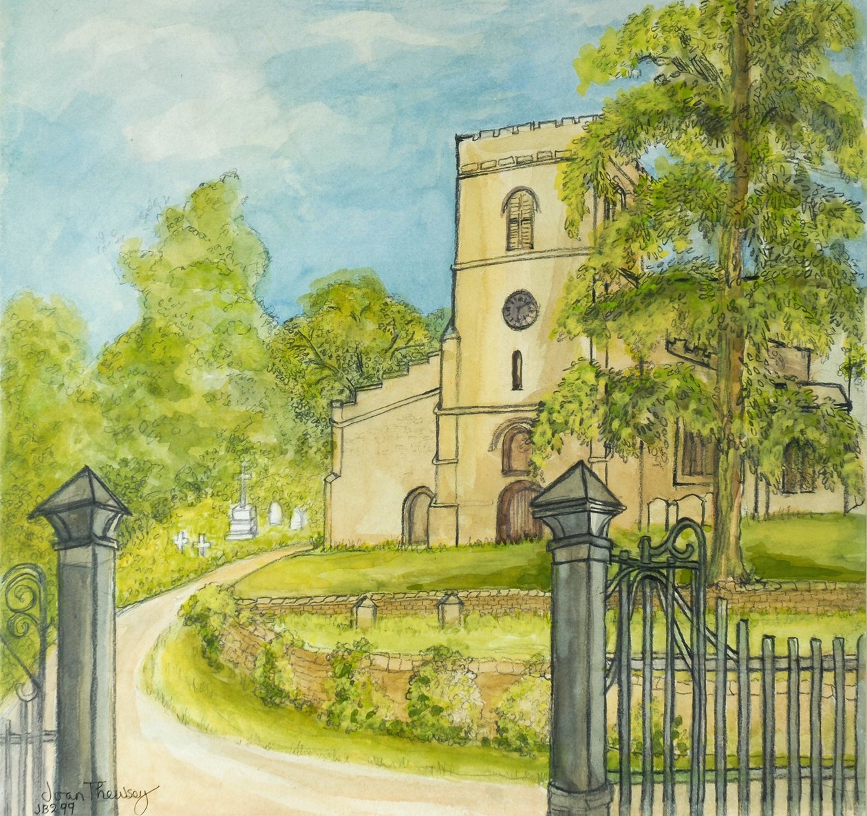 Moulton Church, 2010, tužka s vodovou barvou od Joan Thewsey