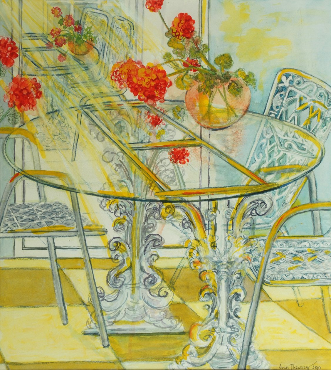 Patio Garden, Muškáty Reflected, 2010, akvarel od Joan Thewsey