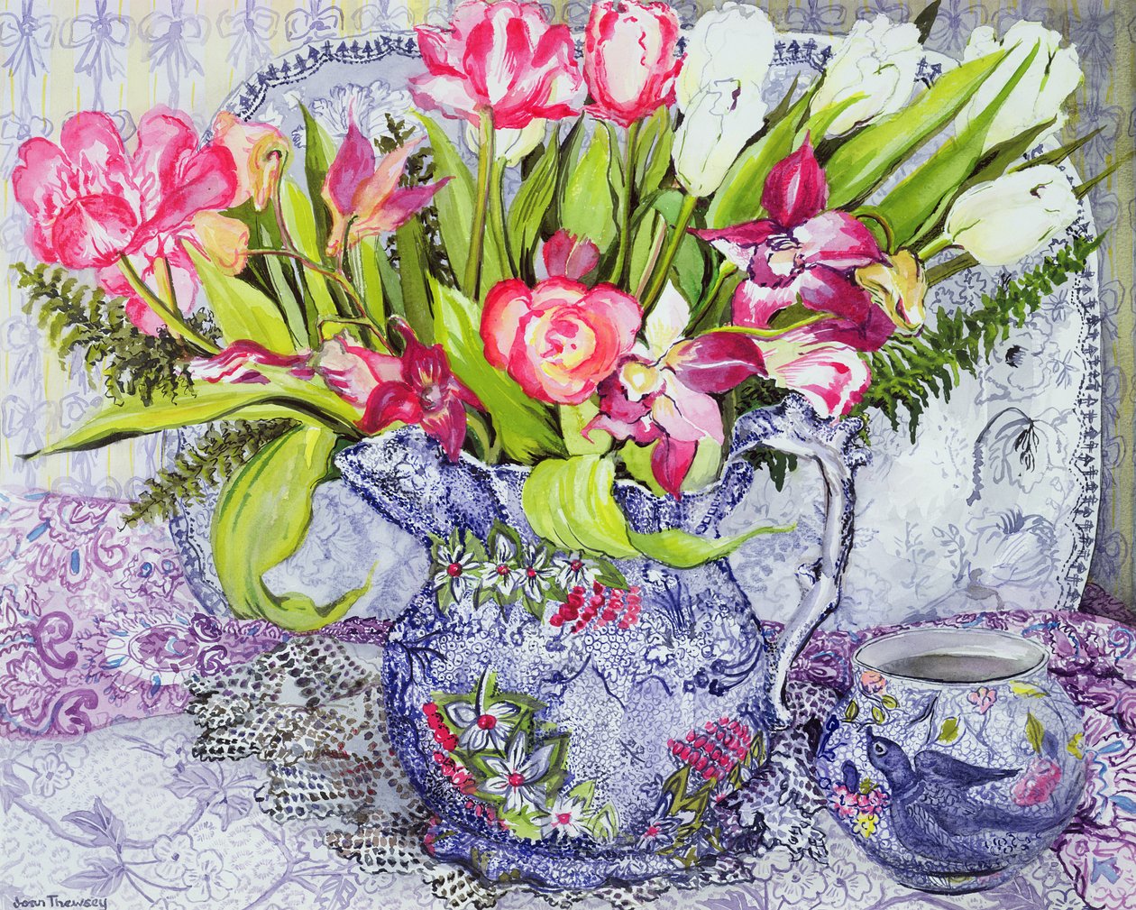Růžové a bílé tulipány, orchideje a modrá starožitná Čína od Joan Thewsey