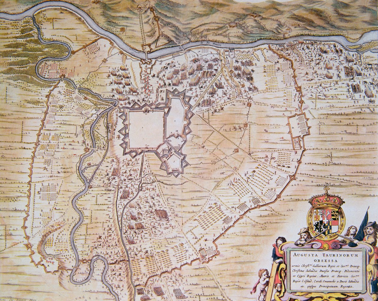 Plán citadely v Turíně během obléhání v roce 1640 (barevné lito) od Joan (after) Blaeu