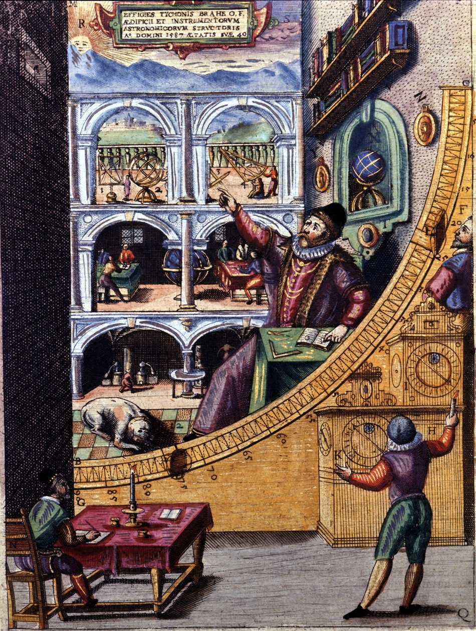Dánský astronom Tycho Brahe (1546 - 1601) ve své observatoři v Uranienburgu - barevná rytina od Atlas Major Ssive a kosmografická Blavania labores a sumptibus od Johannise Blaeva od Joan Blaeu