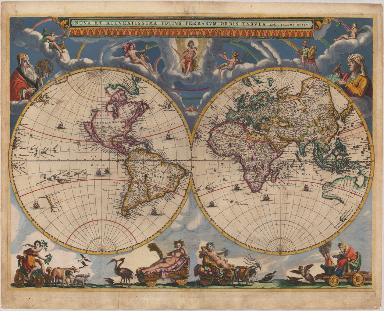 Mapa světa s dvojitou polokoulí od Joan Blaeu