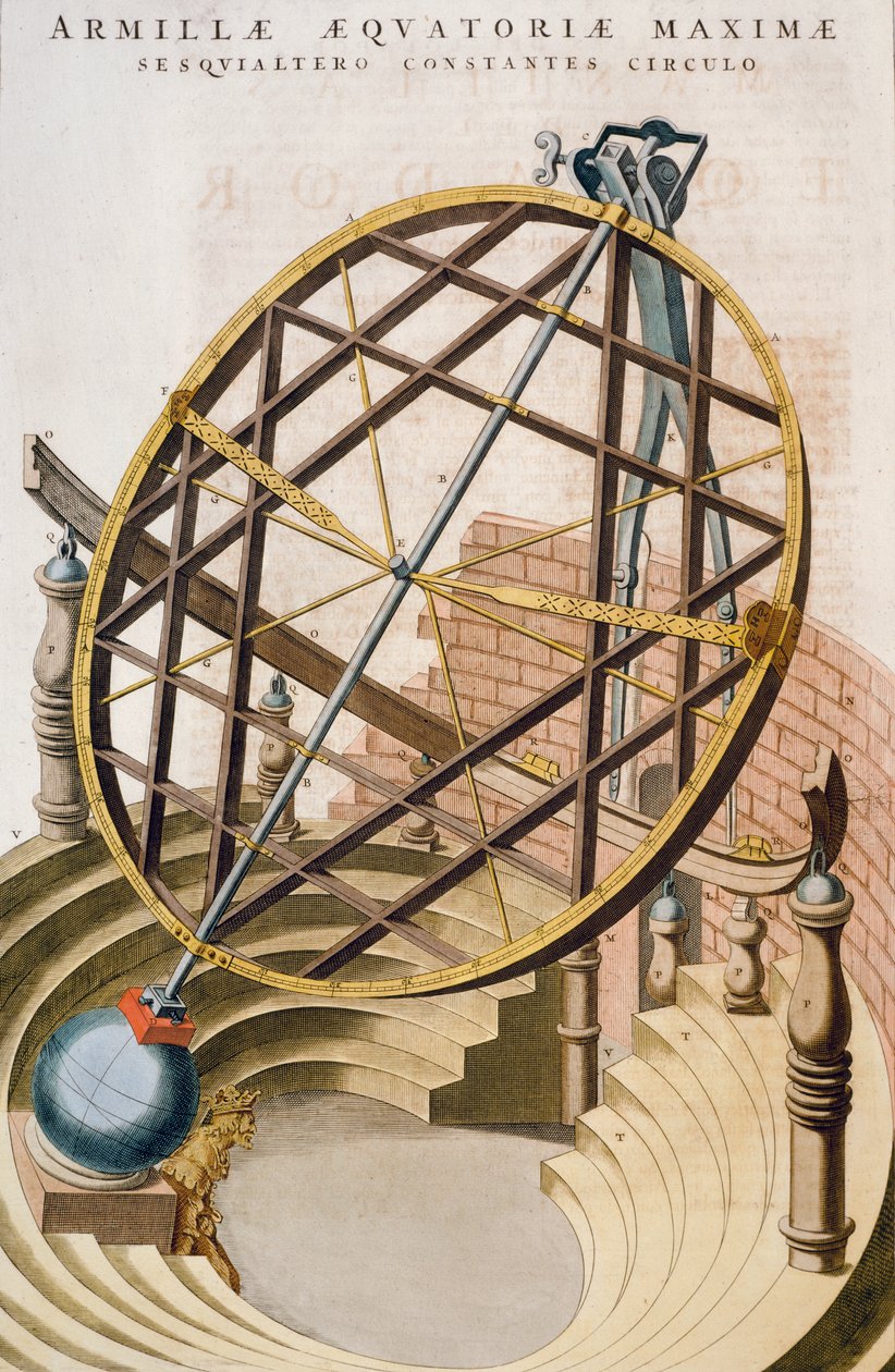 Velká rovníková armilární koule navržená Tycho Brahe, ilustrace z Le grand atlas ou Cosmographie blaviane (Atlas Maior), od Joan Blaeu, rytina, Nizozemsko od Joan Blaeu