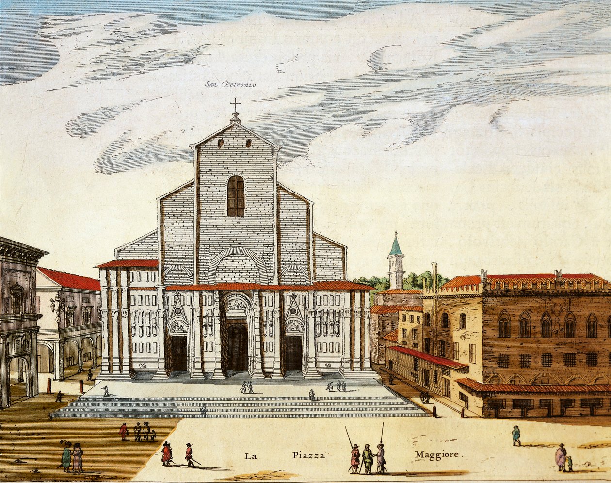 Itálie, Bologna, Katedrála San Petronio v Benátkách, tisk od Joan Blaeu