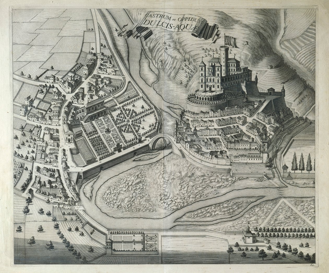 Itálie, Dolceacqua, vesnice Dolceacqua (Imperia) z divadla Královské výsosti Savojského od Joan Blaeu, Amsterdam od Joan Blaeu