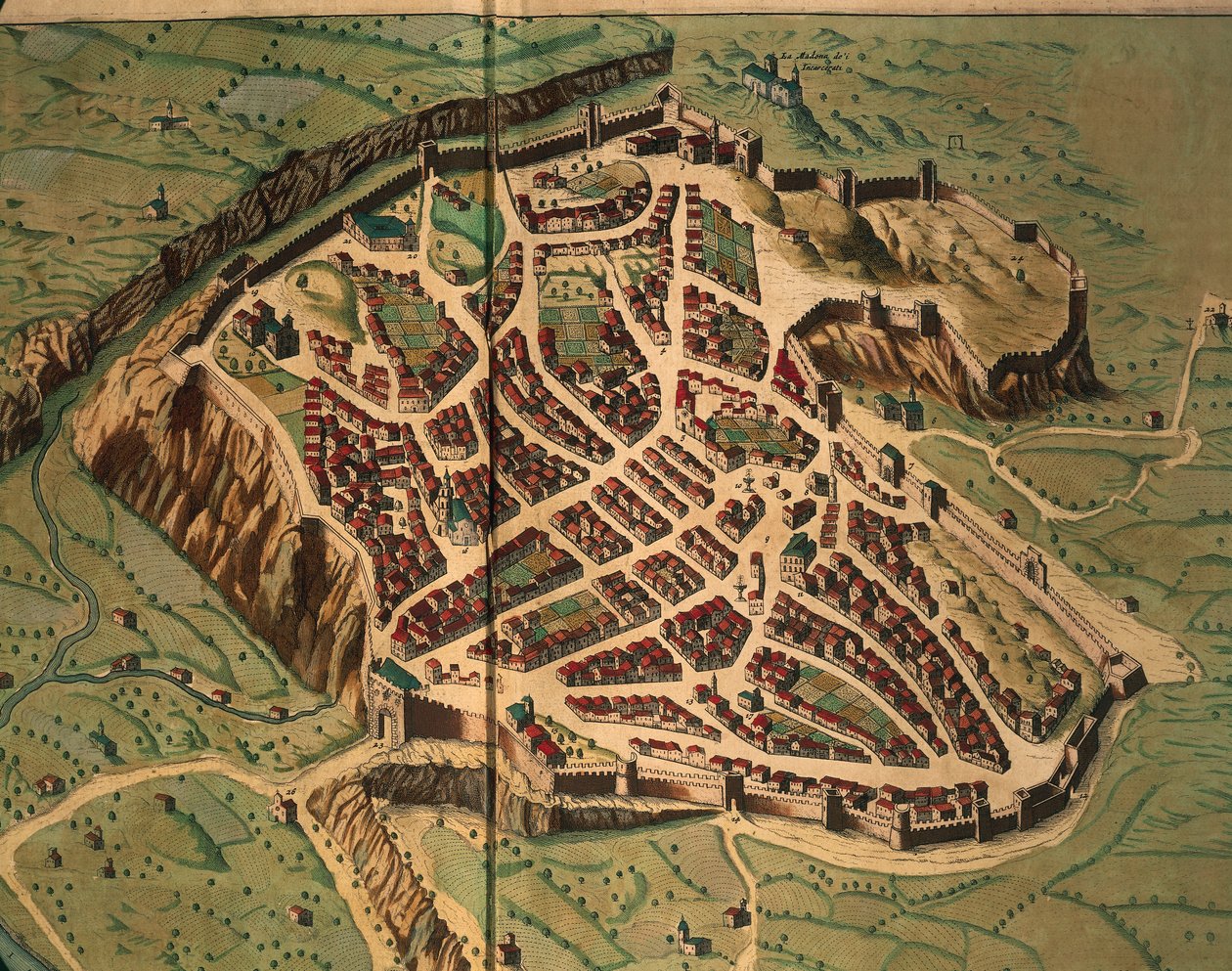 Mapa Acquapendente z Divadla města a nádherné Itálie od Joan Blaeu, rytina od Joan Blaeu