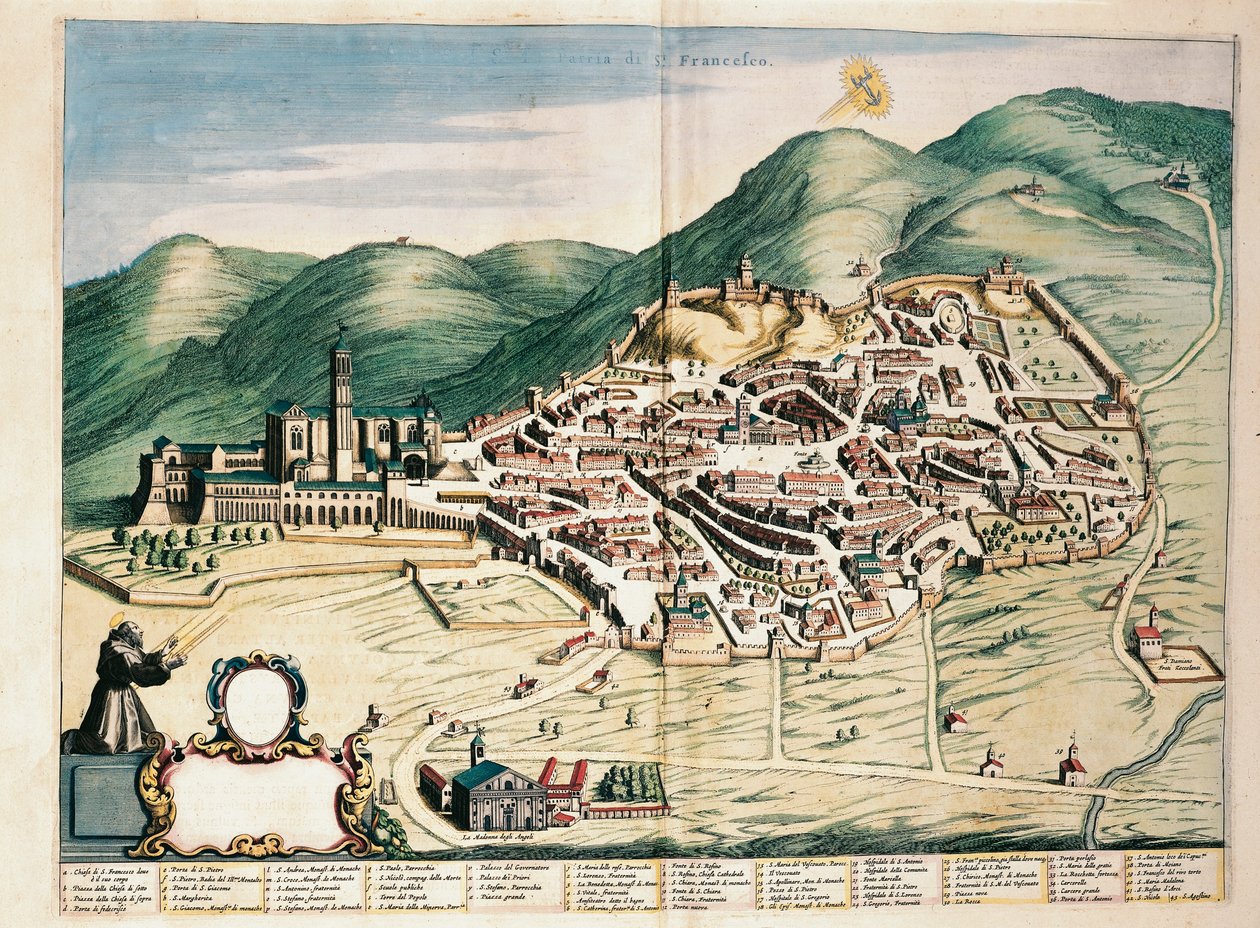 Mapa Assisi z Divadla města a nádherné Itálie, od Joan Blaeu, rytina od Joan Blaeu