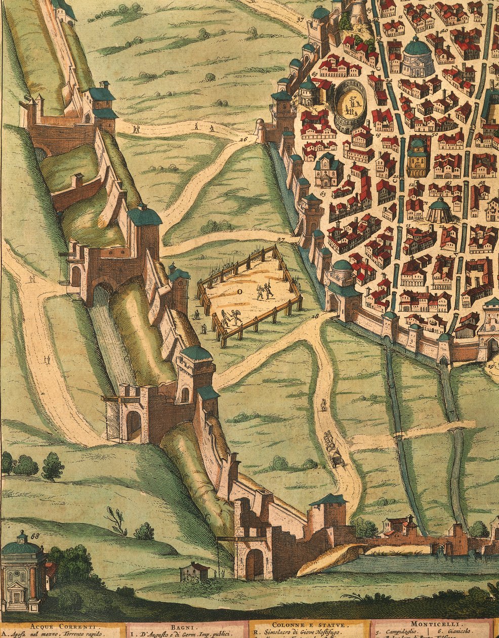 Mapa Bologne, z Divadla města Itálie, detail od Joan Blaeu, rytina od Joan Blaeu
