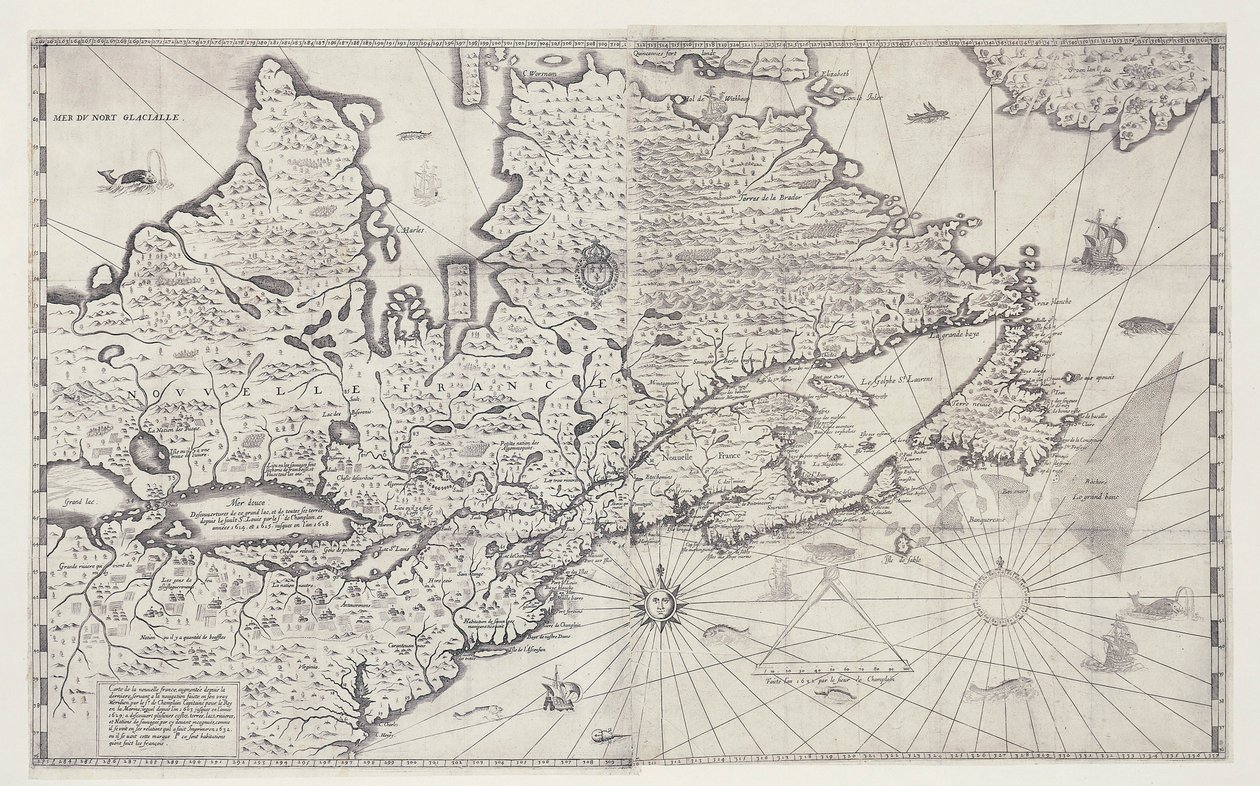 Mapa Kanady, rytina z průzkumu Samuela de Champlain od Joan Blaeu