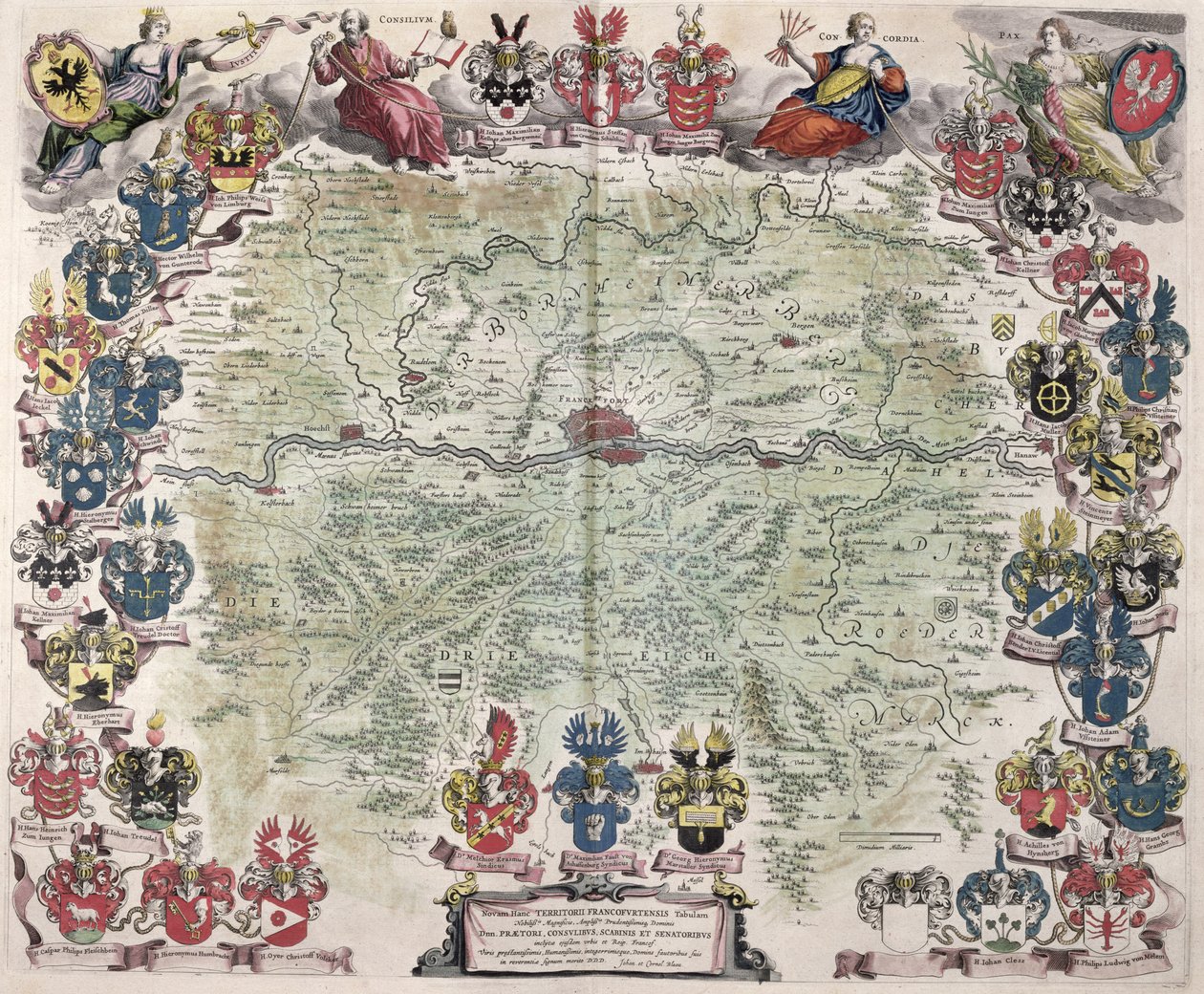 Mapa Frankfurtu a okolí, z „Nova Hanc Territori Francofurtensis Tabulum“, 1649 od Joan Blaeu