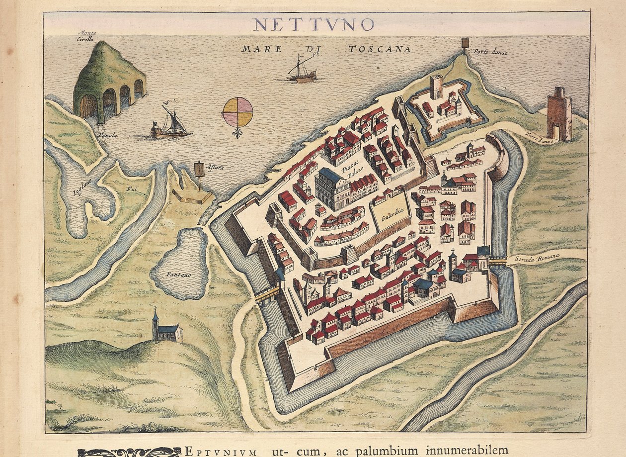 Mapa Nettuna, z divadla měst a divů Itálie, od Joan Blaeu, rytina od Joan Blaeu