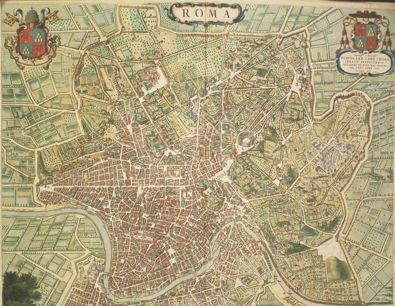 Mapa Říma, rytina z The Theatre of the City of Italy od Joan Blaeu, tištěná v Itálii od Joan Blaeu