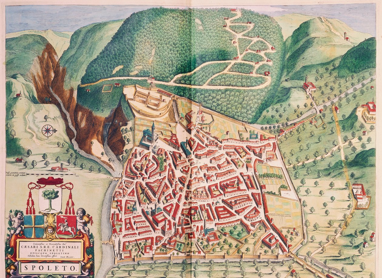 Mapa Spoleta z divadla měst a divů Itálie, od Joan Blaeu, rytina od Joan Blaeu
