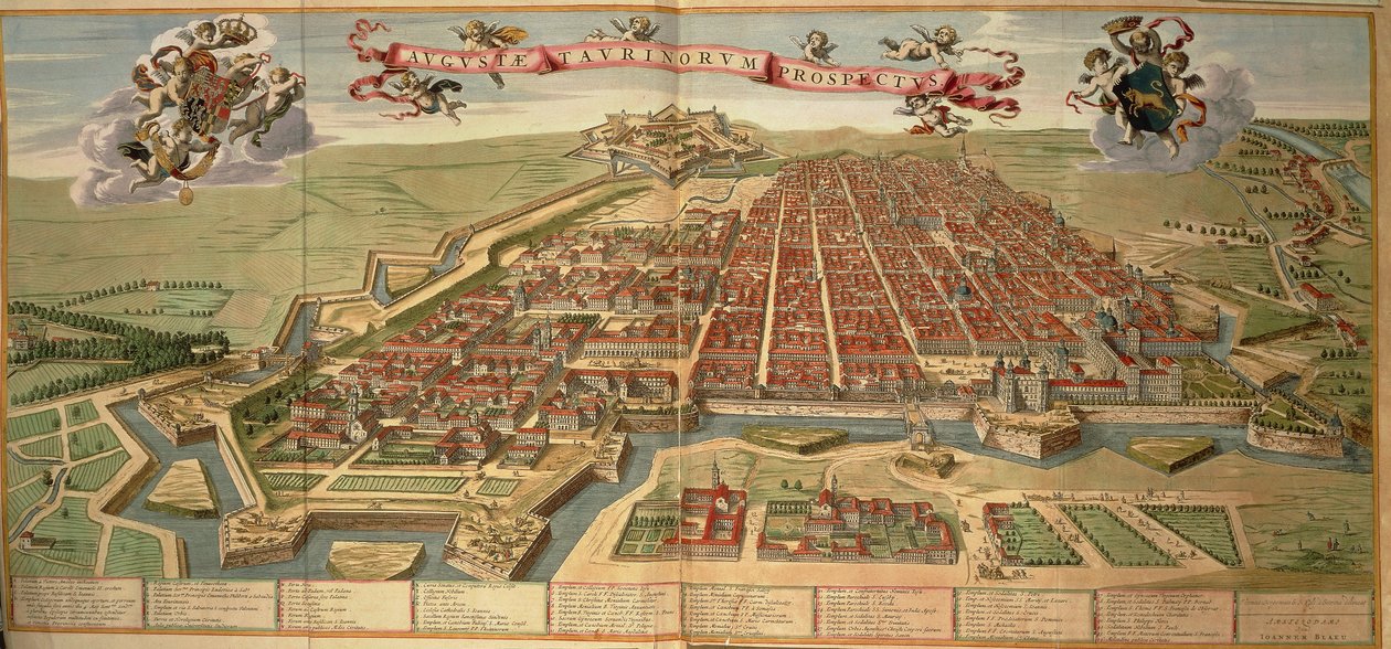 Mapa Turína, rytina z Theatrum Sabaudiae od Joan Blaeu, tištěná v Itálii od Joan Blaeu