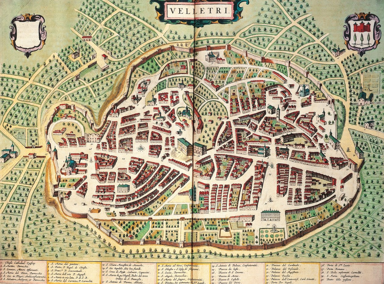 Mapa Velletri od Joan Blaeu, z divadla měst a divů Itálie, rytina od Joan Blaeu