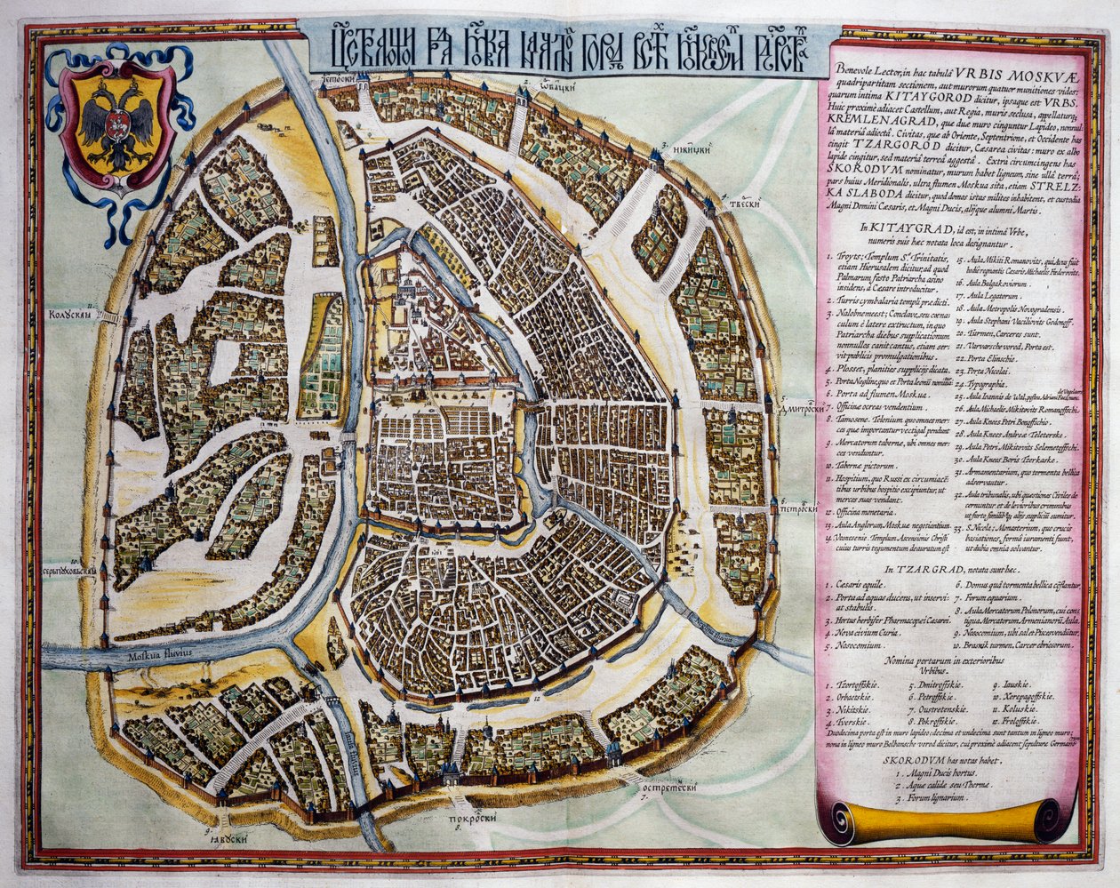 Moskva, druhý díl, titulní strana I. dílu, z Atlas Maior, atlas v 11 dílech, od Joan Blaeu (1596-1673), mědirytina, 57,5x39 cm, Amsterdam od Joan Blaeu